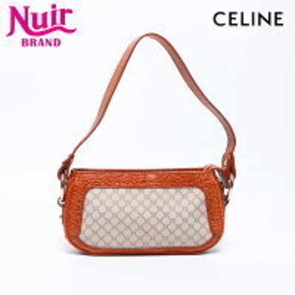 Celine Macadam Leather Canvas Shoulder Bag Beige Brown